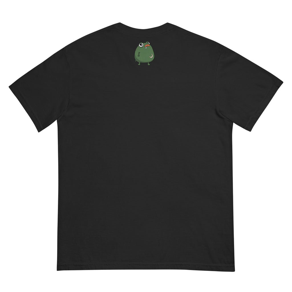 2 A.M. Pistacio black heavyweight t-shirt front view — frog in bed checking phone graphic