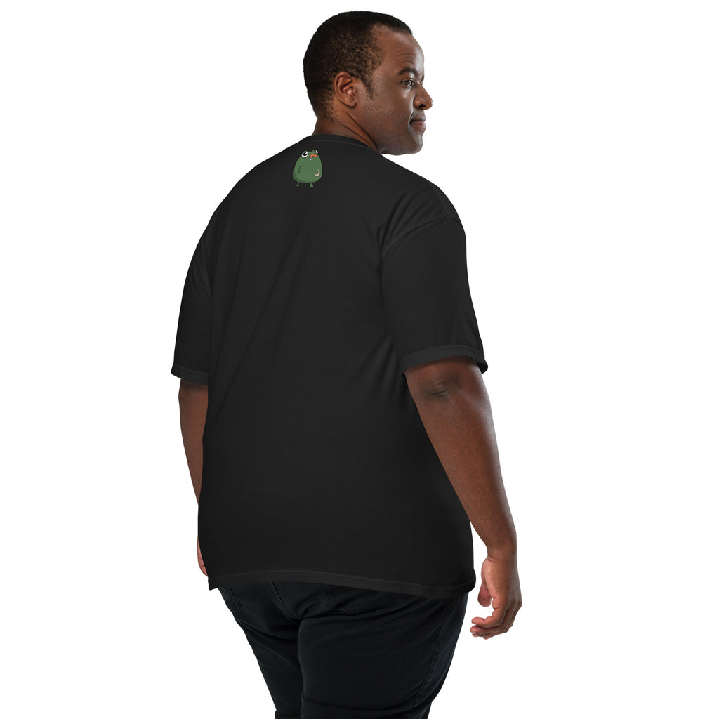 2 A.M. Pistacio black heavyweight t-shirt front view — frog in bed checking phone graphic