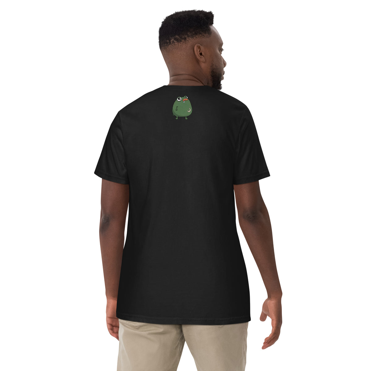 2 A.M. Pistacio black heavyweight t-shirt front view — frog in bed checking phone graphic