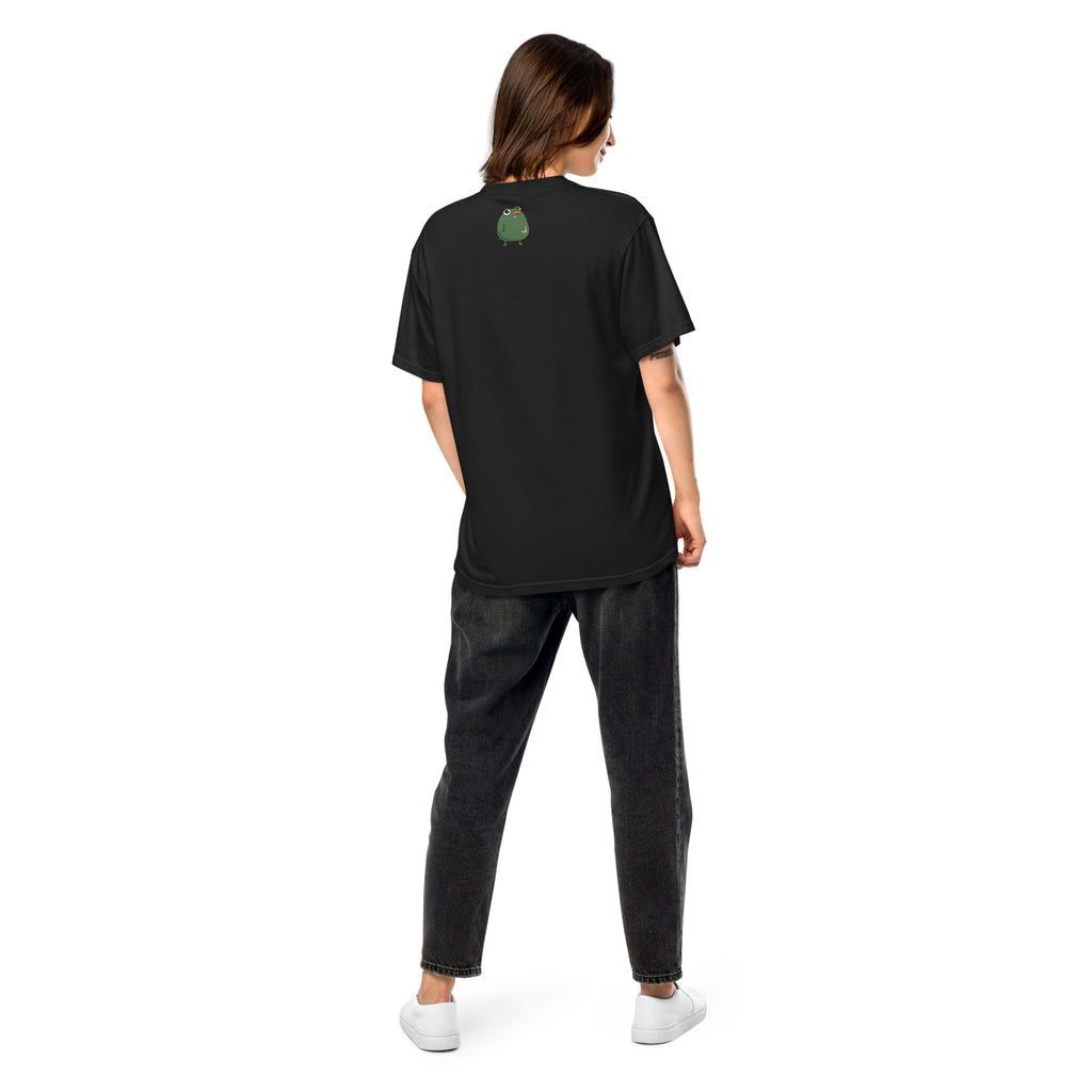 2 A.M. Pistacio black heavyweight t-shirt front view — frog in bed checking phone graphic