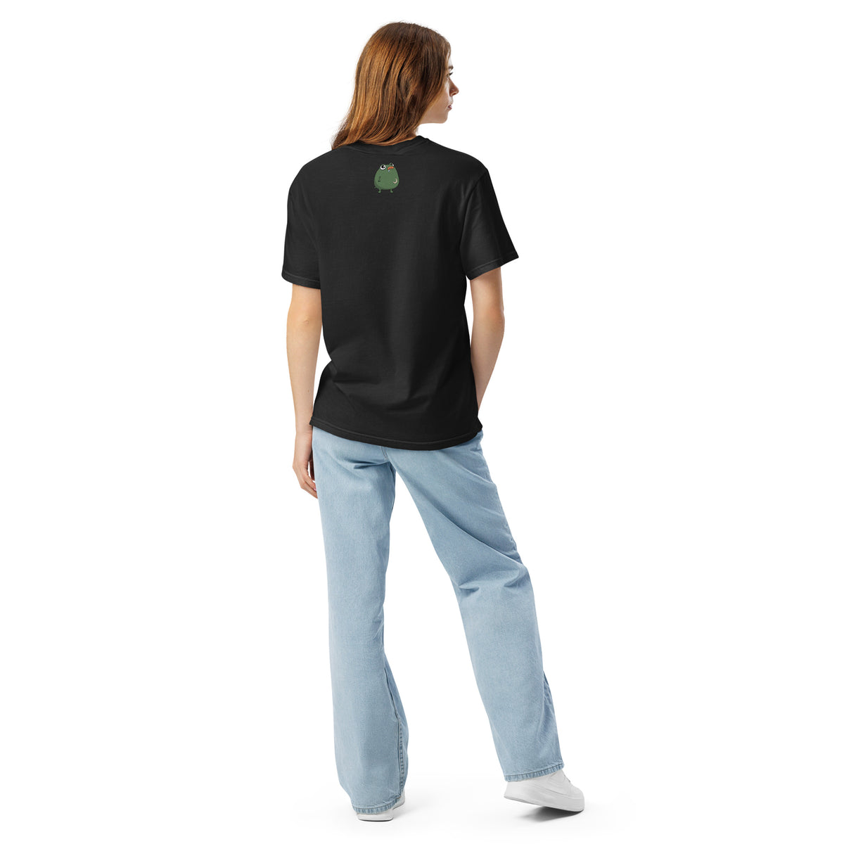 2 A.M. Pistacio black heavyweight t-shirt front view — frog in bed checking phone graphic