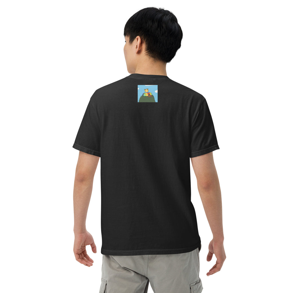 GM Pistacio black heavyweight t-shirt — King Pistacio frog with crown and GM coffee mug — Pistacios Pond Merch