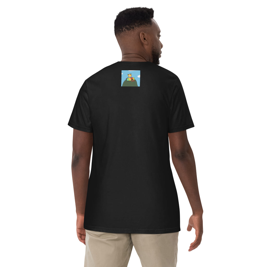 GM Pistacio black heavyweight t-shirt — King Pistacio frog with crown and GM coffee mug — Pistacios Pond Merch