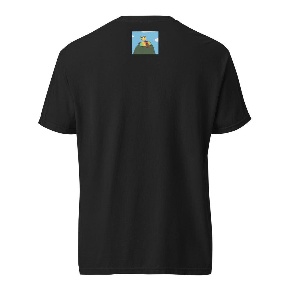 GM Pistacio black heavyweight t-shirt — King Pistacio frog with crown and GM coffee mug — Pistacios Pond Merch