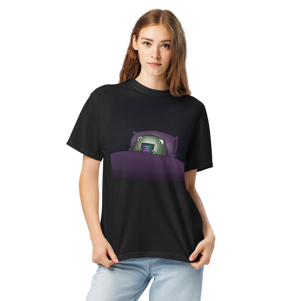 2 A.M. Pistacio black heavyweight t-shirt front view — frog in bed checking phone graphic