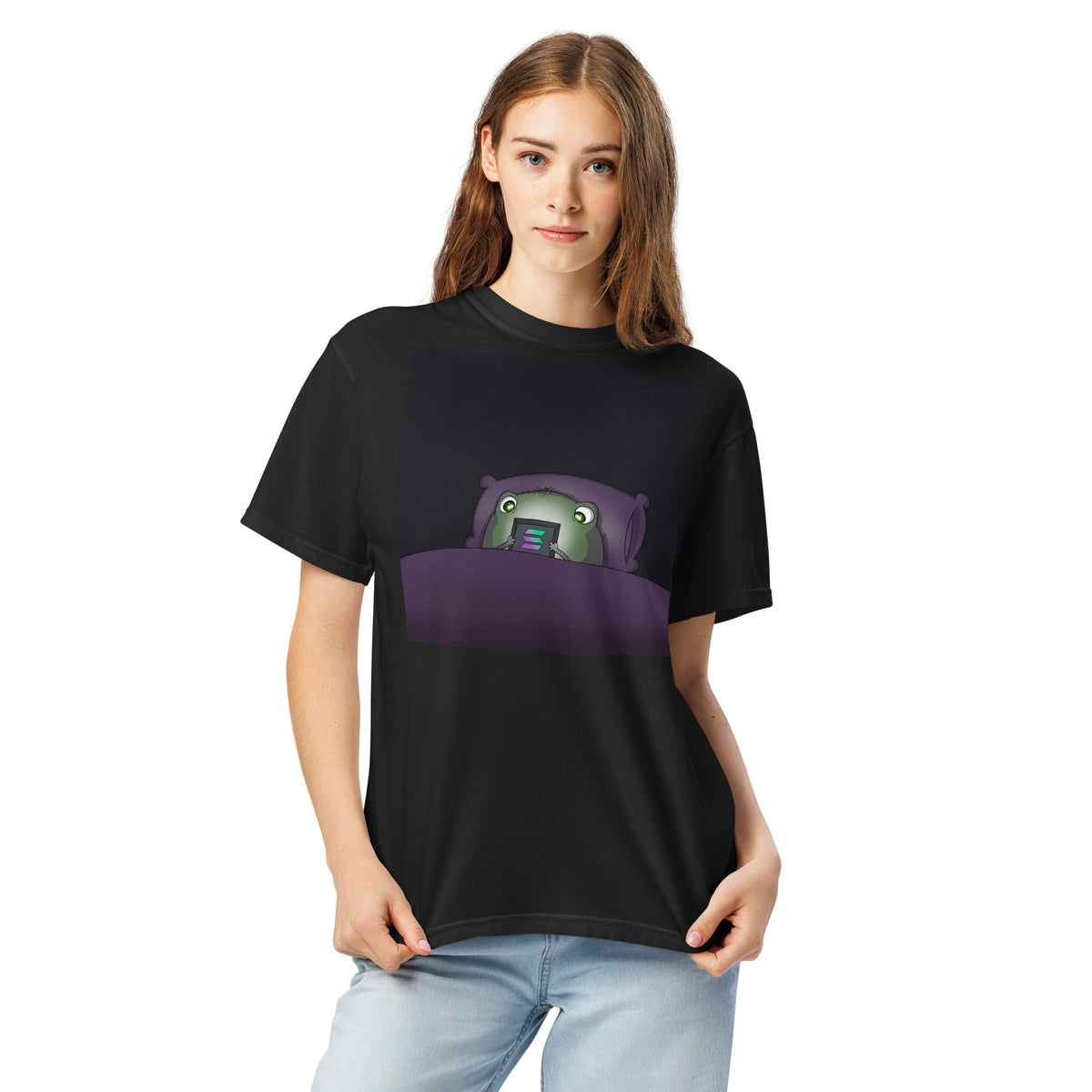 2 A.M. Pistacio black heavyweight t-shirt front view — frog in bed checking phone graphic
