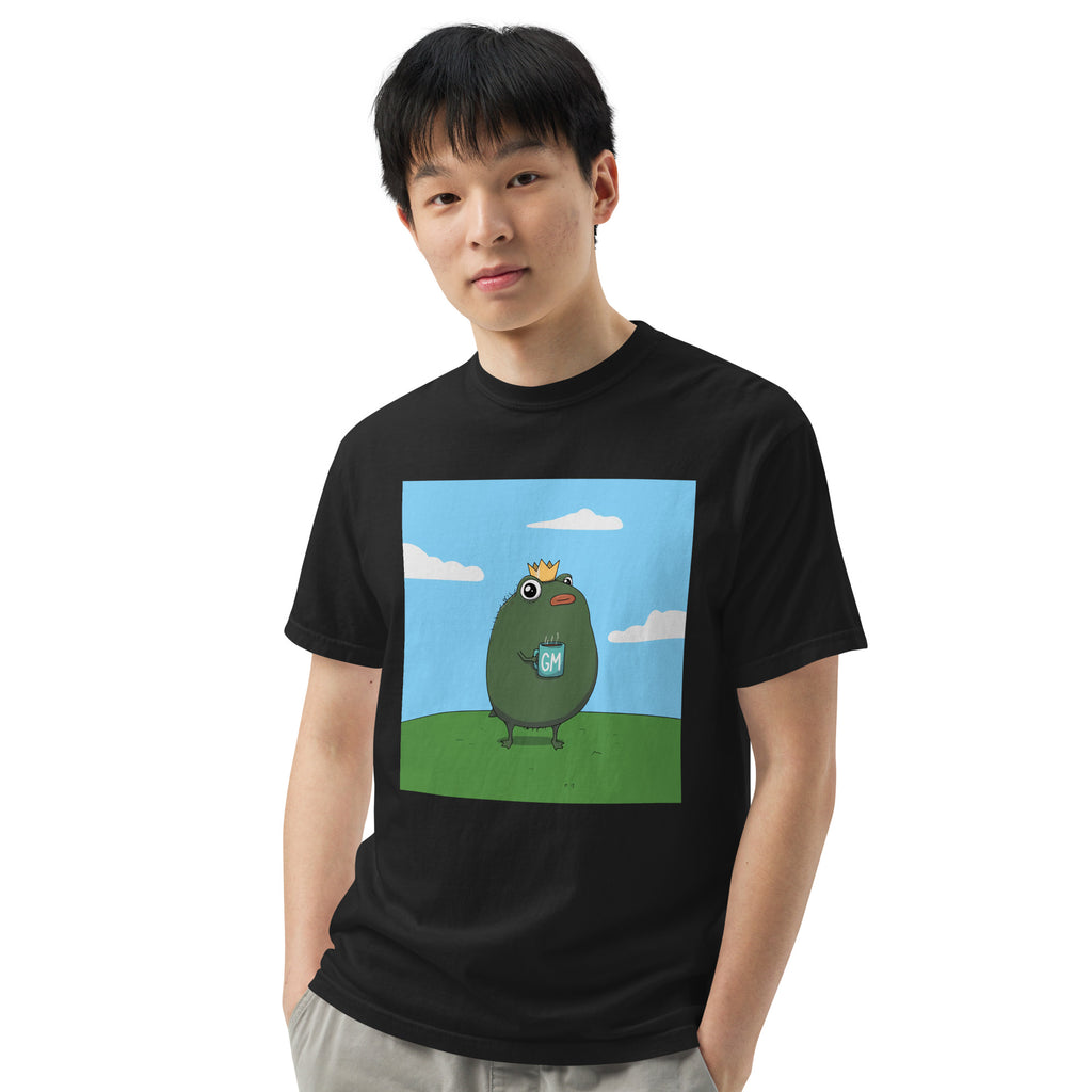 GM Pistacio black heavyweight t-shirt — King Pistacio frog with crown and GM coffee mug — Pistacios Pond Merch