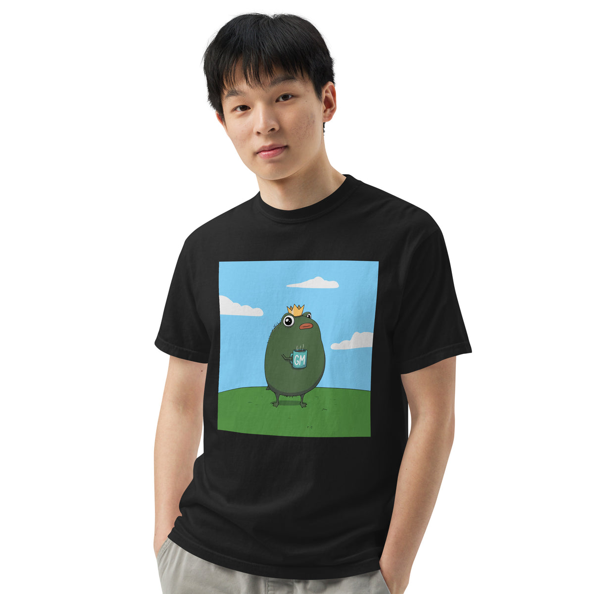GM Pistacio black heavyweight t-shirt — King Pistacio frog with crown and GM coffee mug — Pistacios Pond Merch