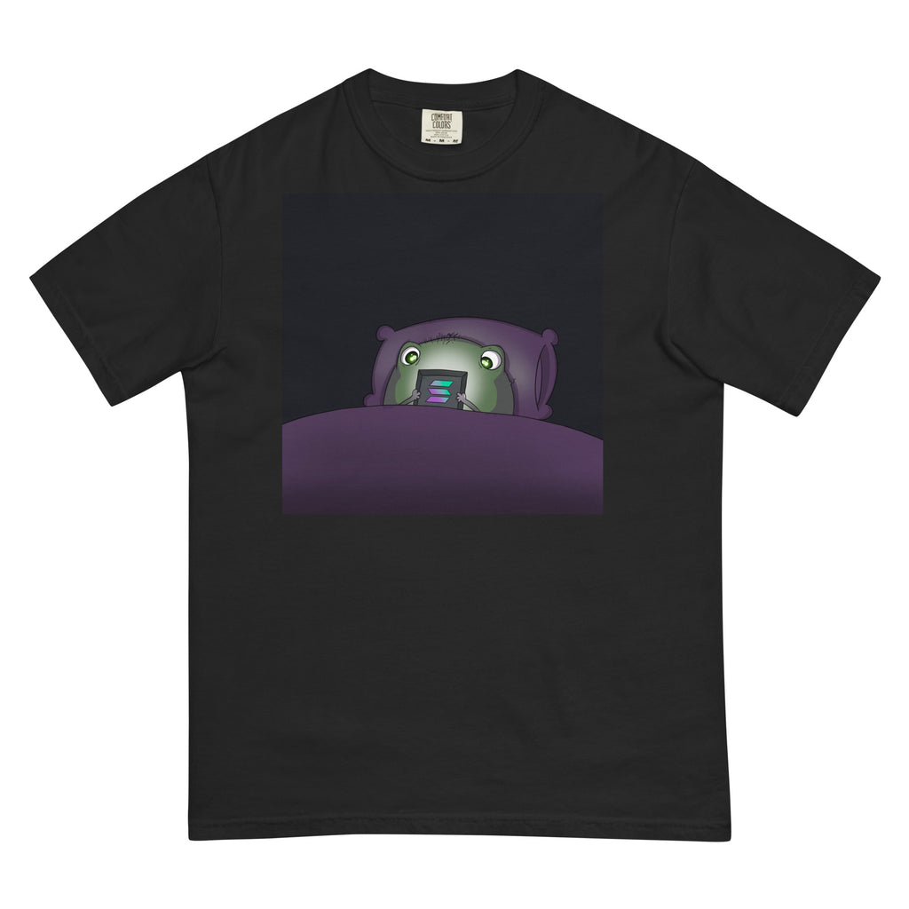 2 A.M. Pistacio black heavyweight t-shirt front view — frog in bed checking phone graphic