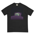 2 A.M. Pistacio black heavyweight t-shirt front view — frog in bed checking phone graphic
