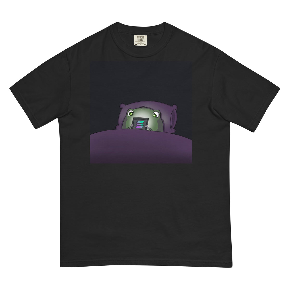 2 A.M. Pistacio black heavyweight t-shirt front view — frog in bed checking phone graphic