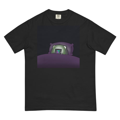 2 A.M. Pistacio black heavyweight t-shirt front view — frog in bed checking phone graphic