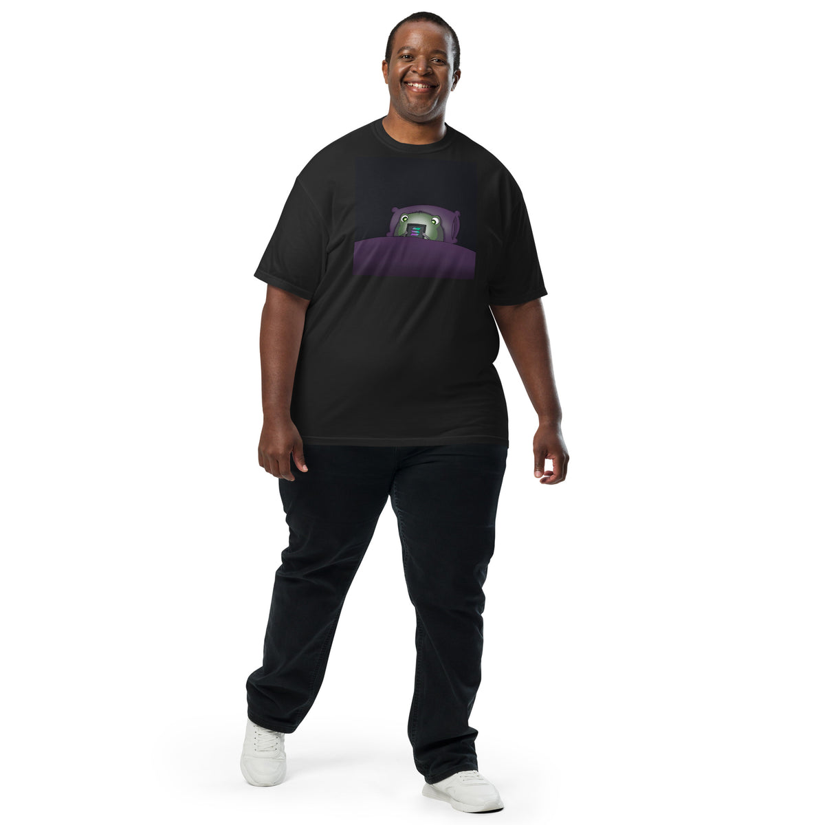 2 A.M. Pistacio black heavyweight t-shirt front view — frog in bed checking phone graphic