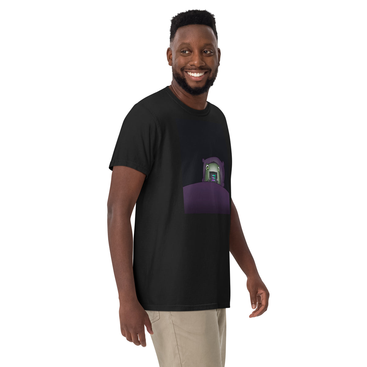 2 A.M. Pistacio black heavyweight t-shirt front view — frog in bed checking phone graphic