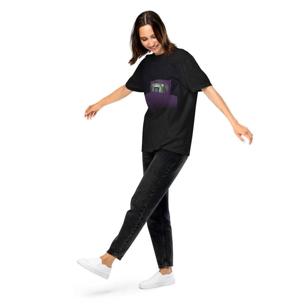 2 A.M. Pistacio black heavyweight t-shirt front view — frog in bed checking phone graphic