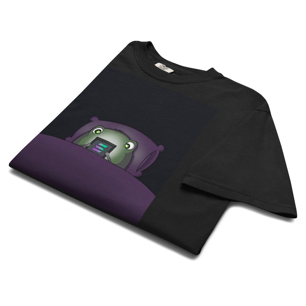 2 A.M. Pistacio black heavyweight t-shirt front view — frog in bed checking phone graphic