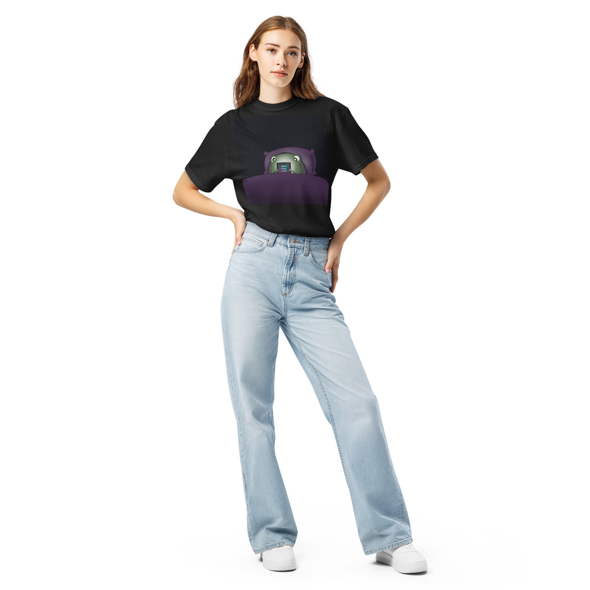 2 A.M. Pistacio black heavyweight t-shirt front view — frog in bed checking phone graphic