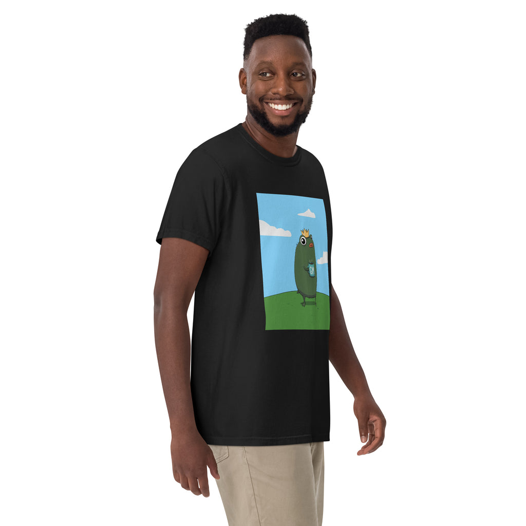 GM Pistacio black heavyweight t-shirt — King Pistacio frog with crown and GM coffee mug — Pistacios Pond Merch