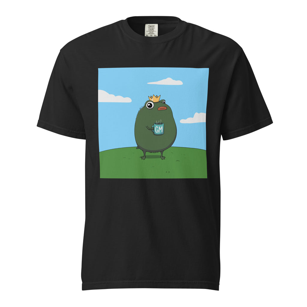 GM Pistacio black heavyweight t-shirt — King Pistacio frog with crown and GM coffee mug — Pistacios Pond Merch