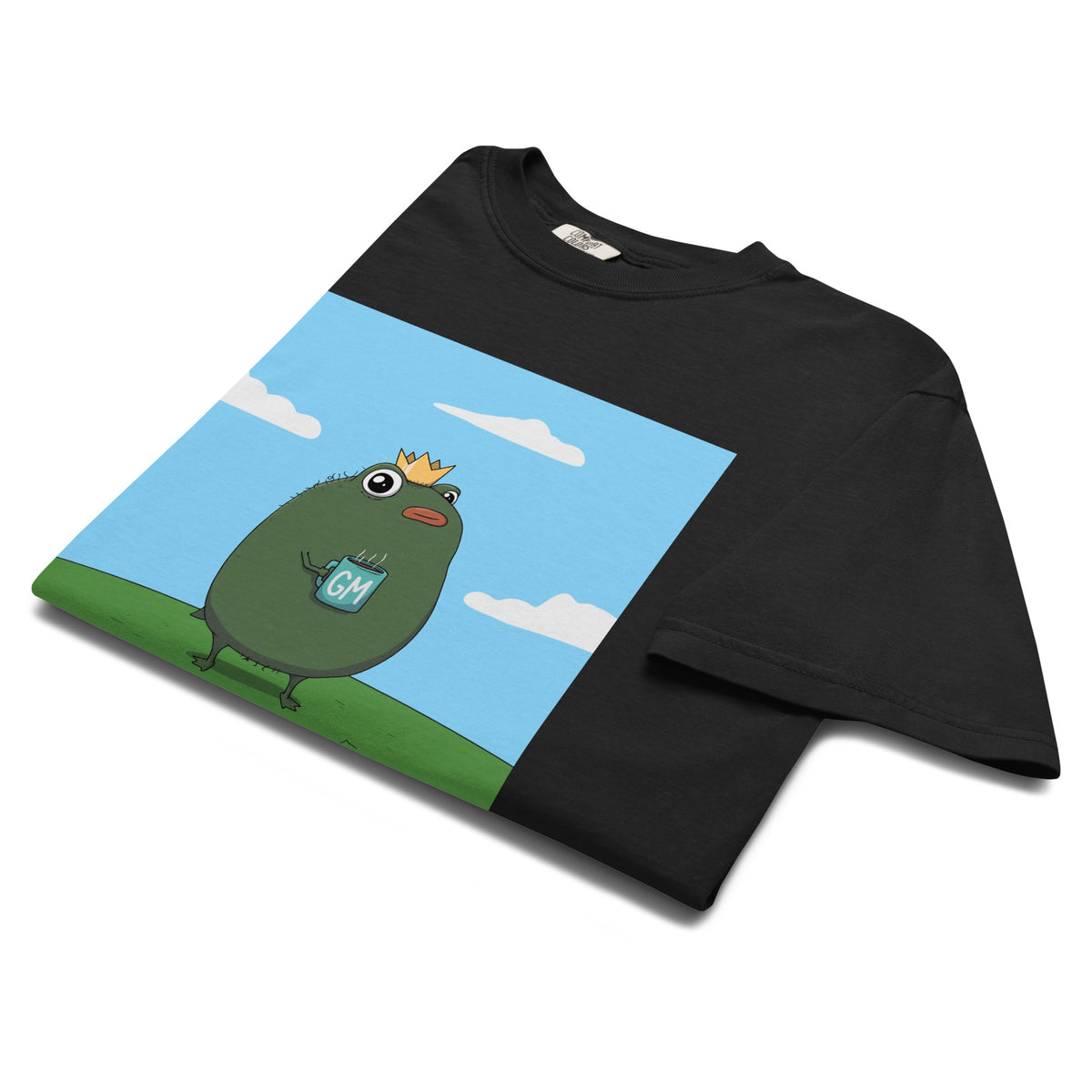 GM Pistacio black heavyweight t-shirt — King Pistacio frog with crown and GM coffee mug — Pistacios Pond Merch