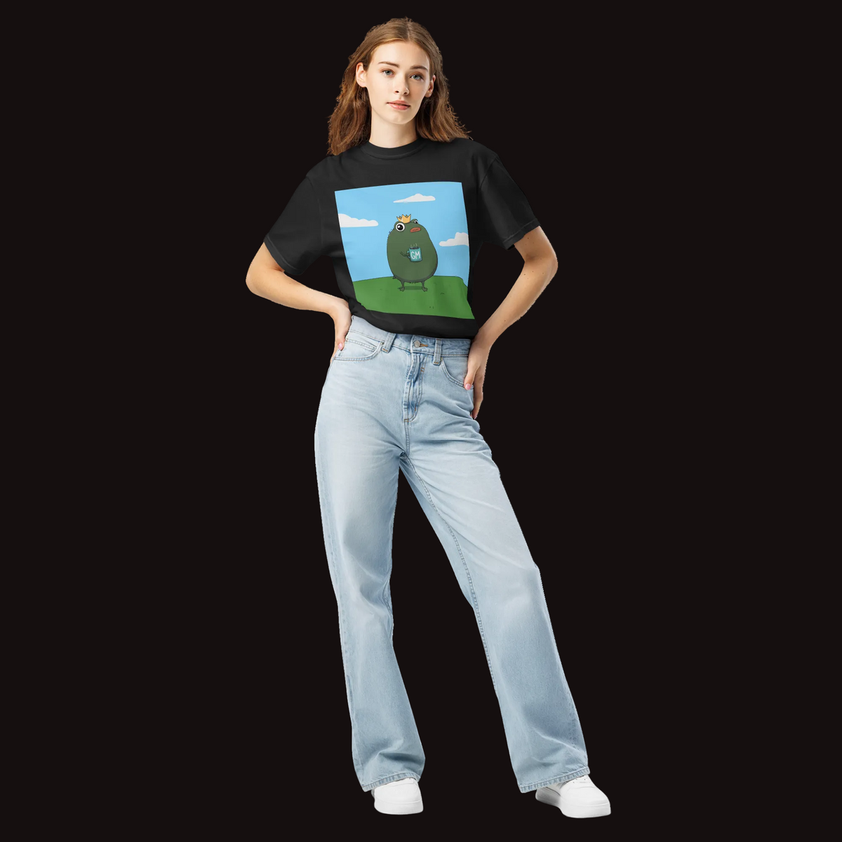 GM Pistacio black heavyweight t-shirt — King Pistacio frog with crown and GM coffee mug — Pistacios Pond Merch
