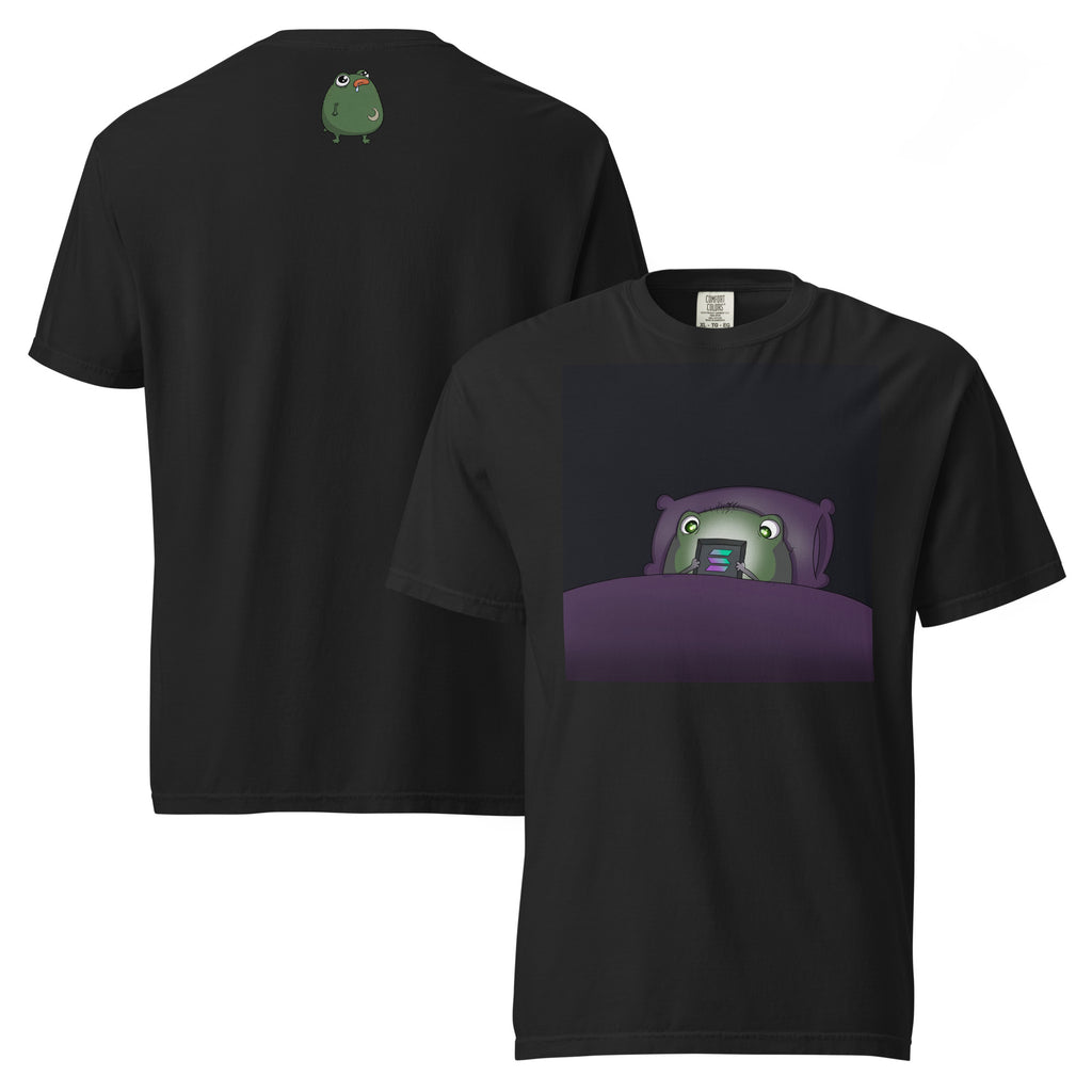 2 A.M. Pistacio black heavyweight t-shirt front view — frog in bed checking phone graphic