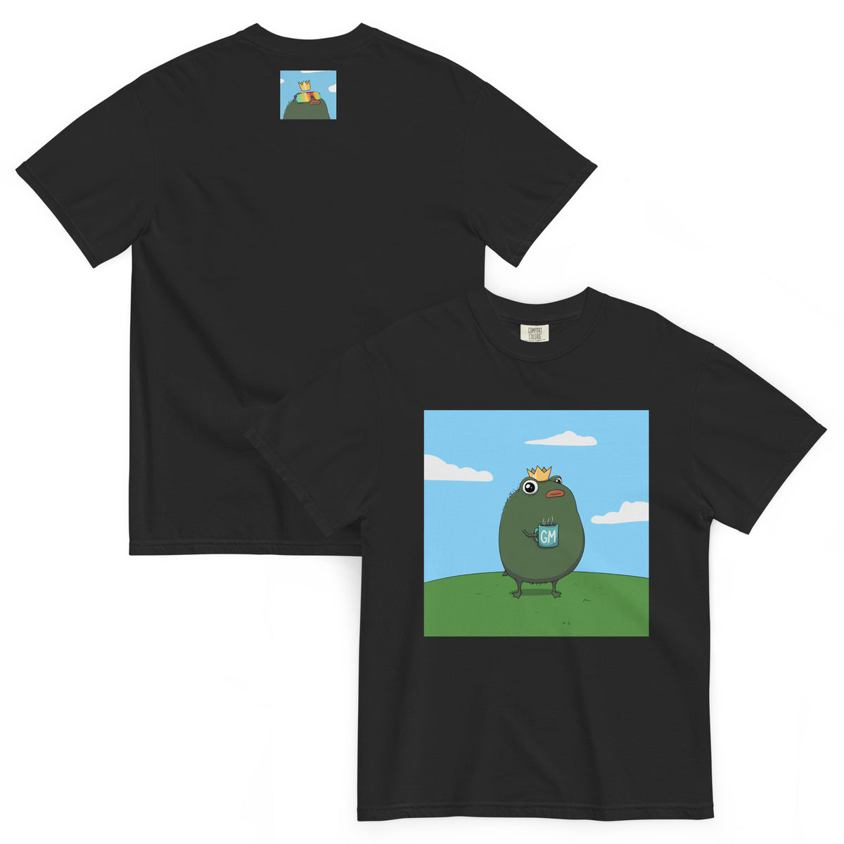 GM Pistacio black heavyweight t-shirt — King Pistacio frog with crown and GM coffee mug — Pistacios Pond Merch
