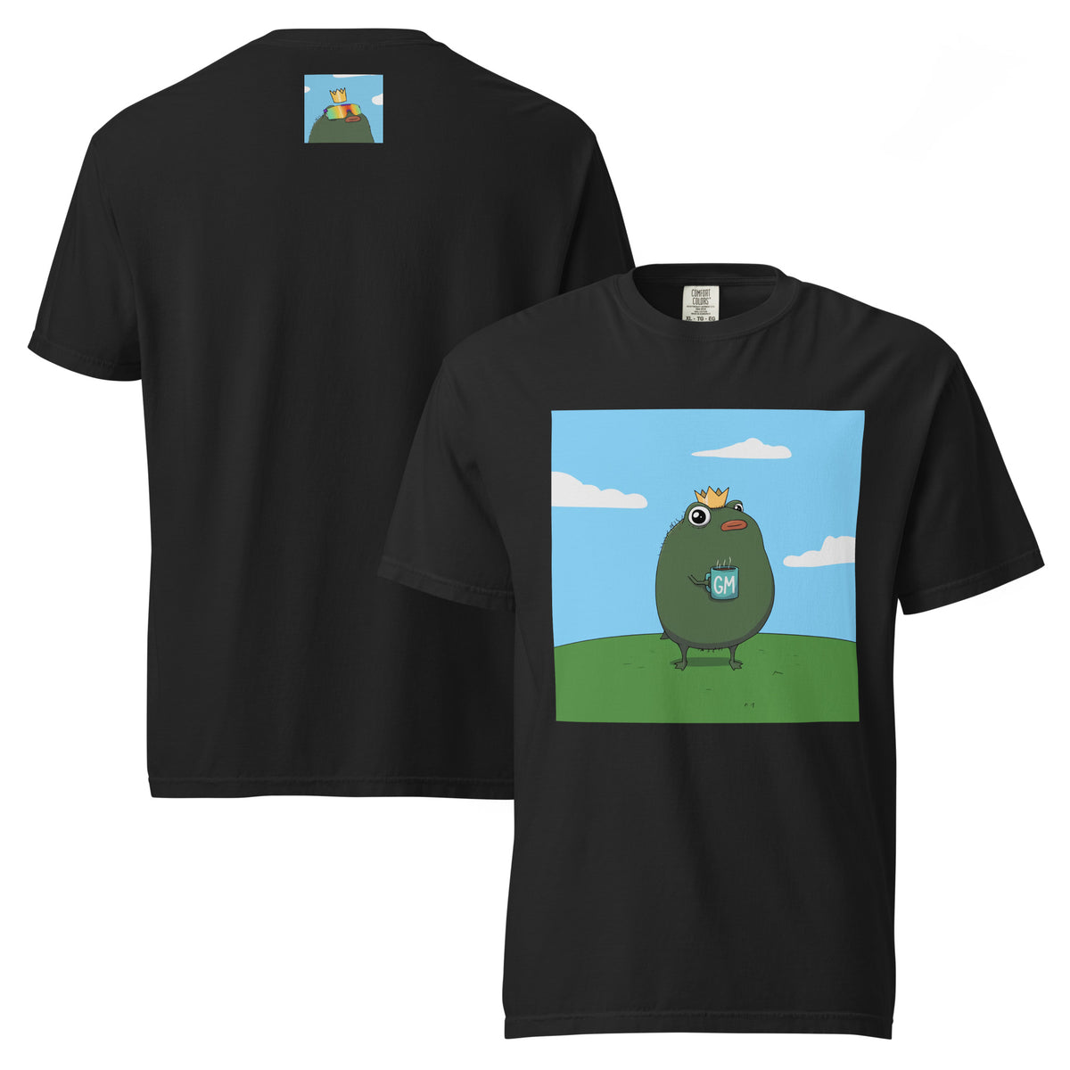 GM Pistacio black heavyweight t-shirt — King Pistacio frog with crown and GM coffee mug — Pistacios Pond Merch