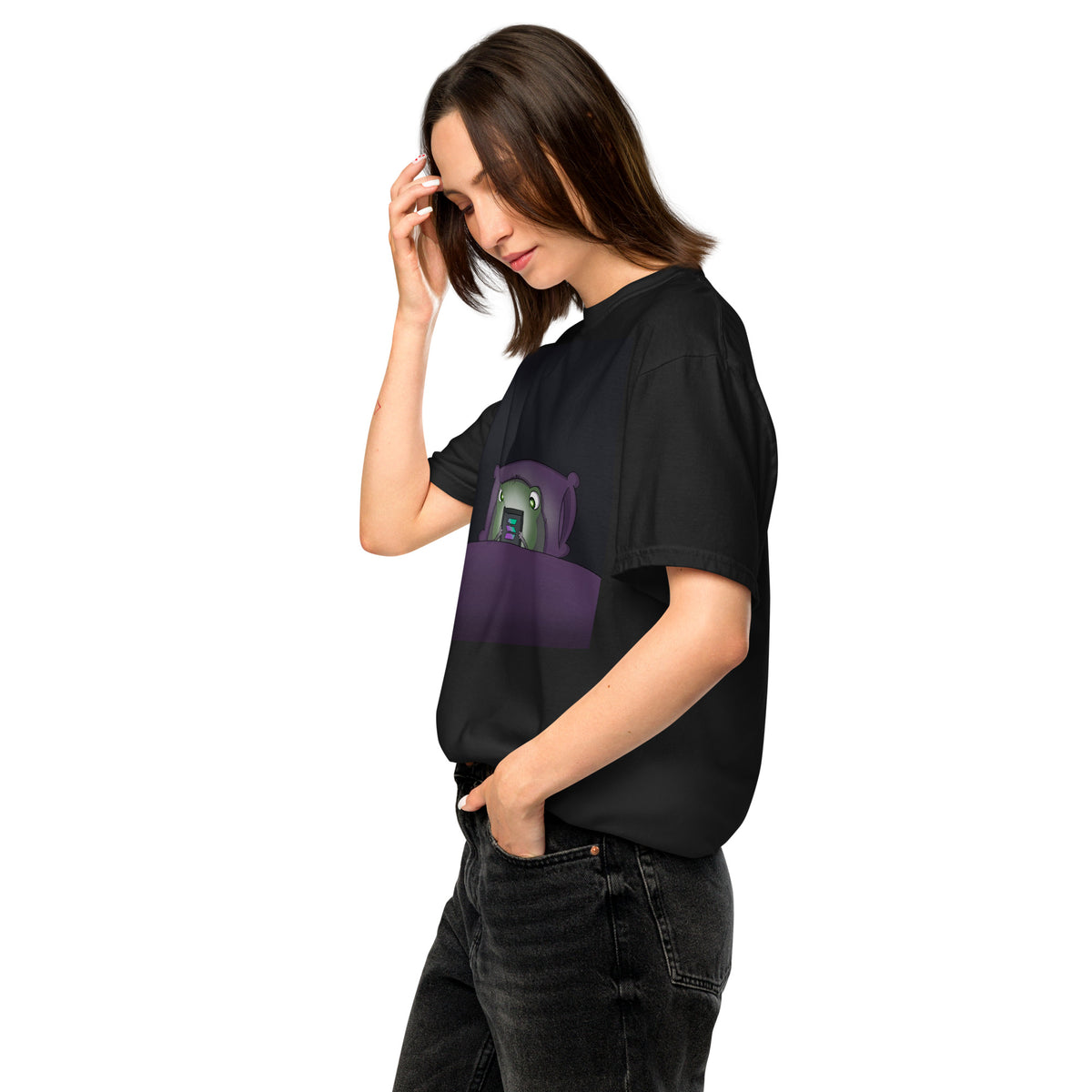 2 A.M. Pistacio black heavyweight t-shirt front view — frog in bed checking phone graphic