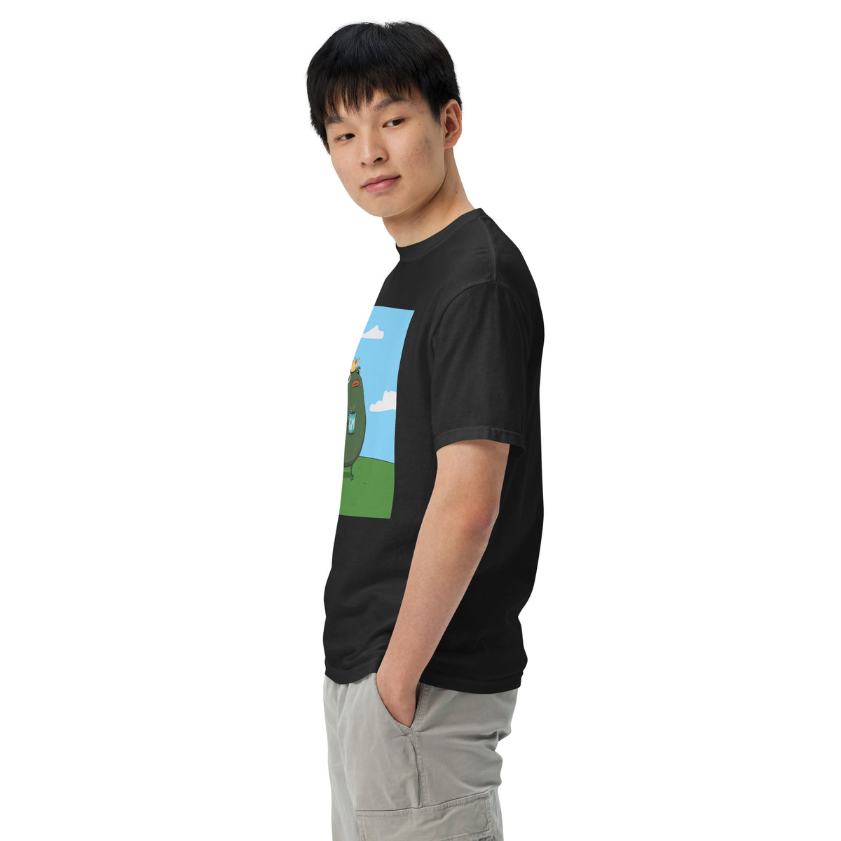 GM Pistacio black heavyweight t-shirt — King Pistacio frog with crown and GM coffee mug — Pistacios Pond Merch