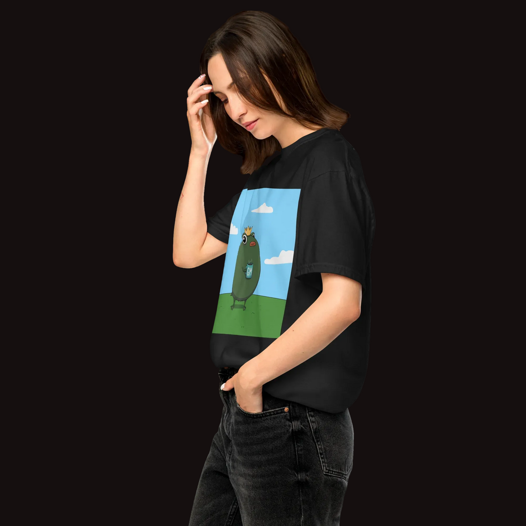 GM Pistacio black heavyweight t-shirt — King Pistacio frog with crown and GM coffee mug — Pistacios Pond Merch