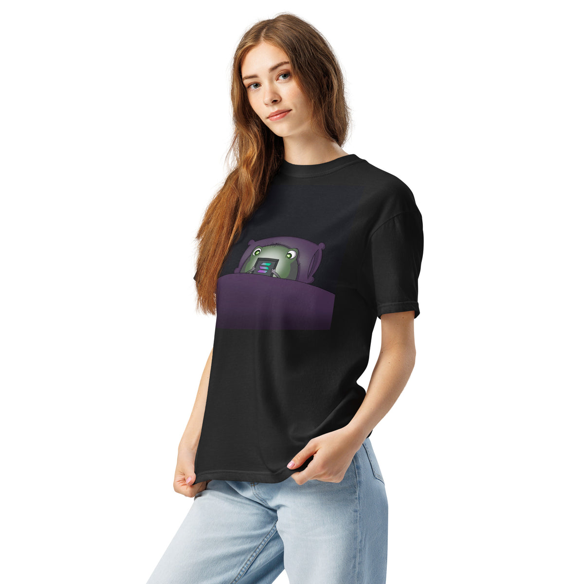 2 A.M. Pistacio black heavyweight t-shirt front view — frog in bed checking phone graphic