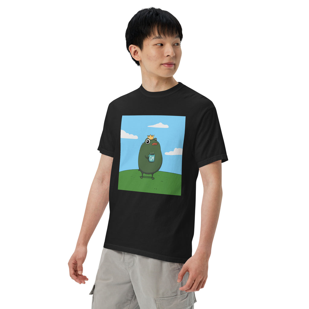 GM Pistacio black heavyweight t-shirt — King Pistacio frog with crown and GM coffee mug — Pistacios Pond Merch