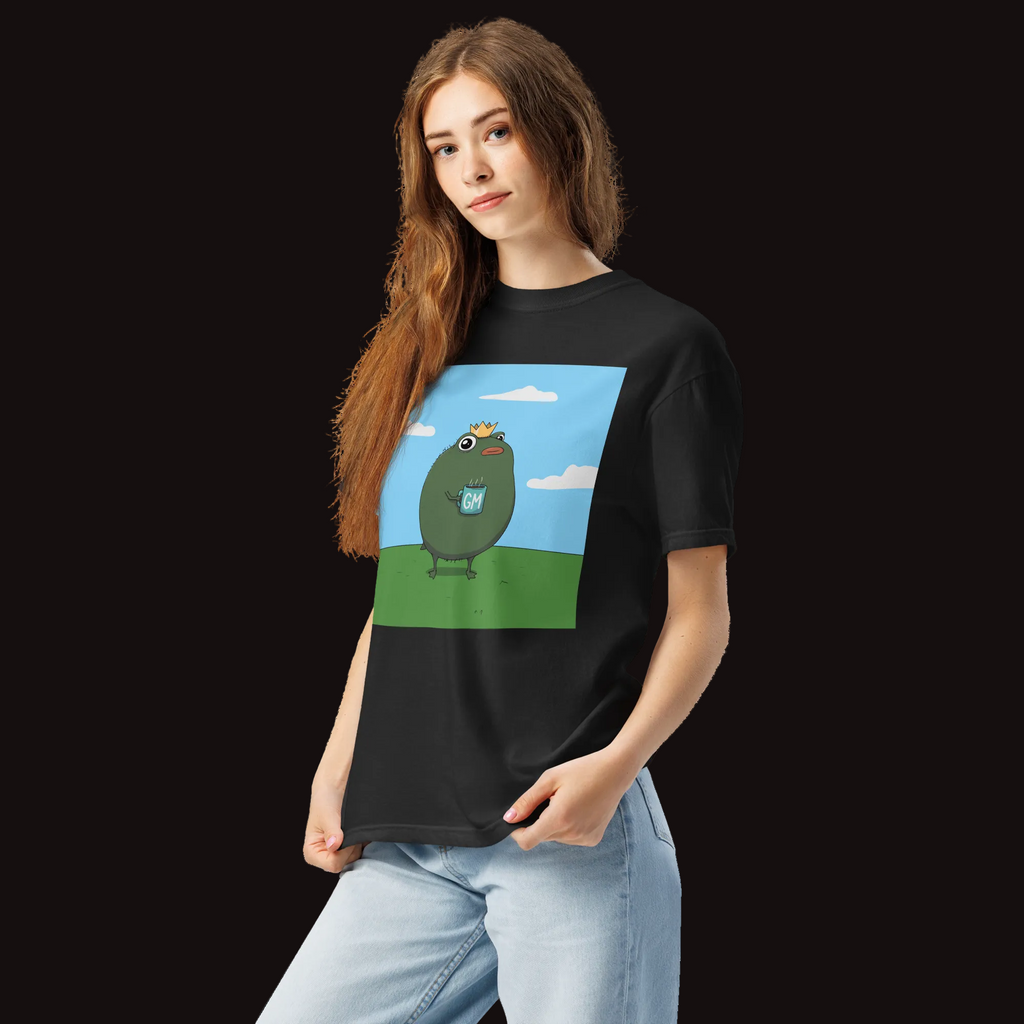 GM Pistacio black heavyweight t-shirt — King Pistacio frog with crown and GM coffee mug — Pistacios Pond Merch