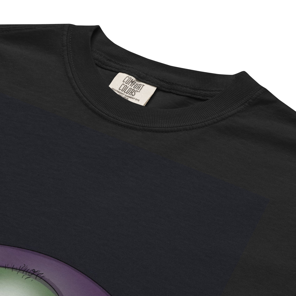 2 A.M. Pistacio black heavyweight t-shirt front view — frog in bed checking phone graphic