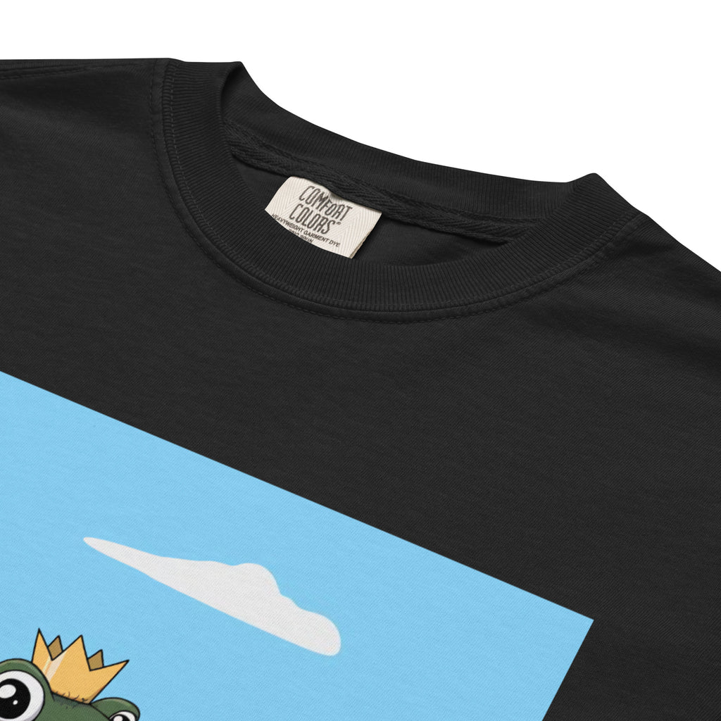 GM Pistacio black heavyweight t-shirt — King Pistacio frog with crown and GM coffee mug — Pistacios Pond Merch