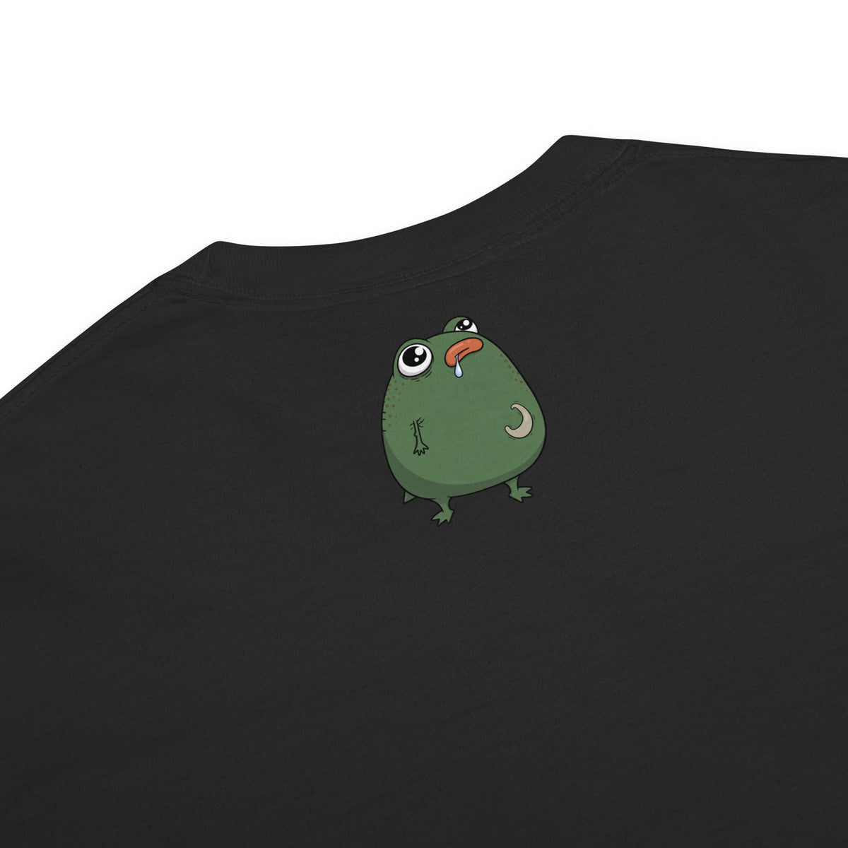 2 A.M. Pistacio black heavyweight t-shirt front view — frog in bed checking phone graphic