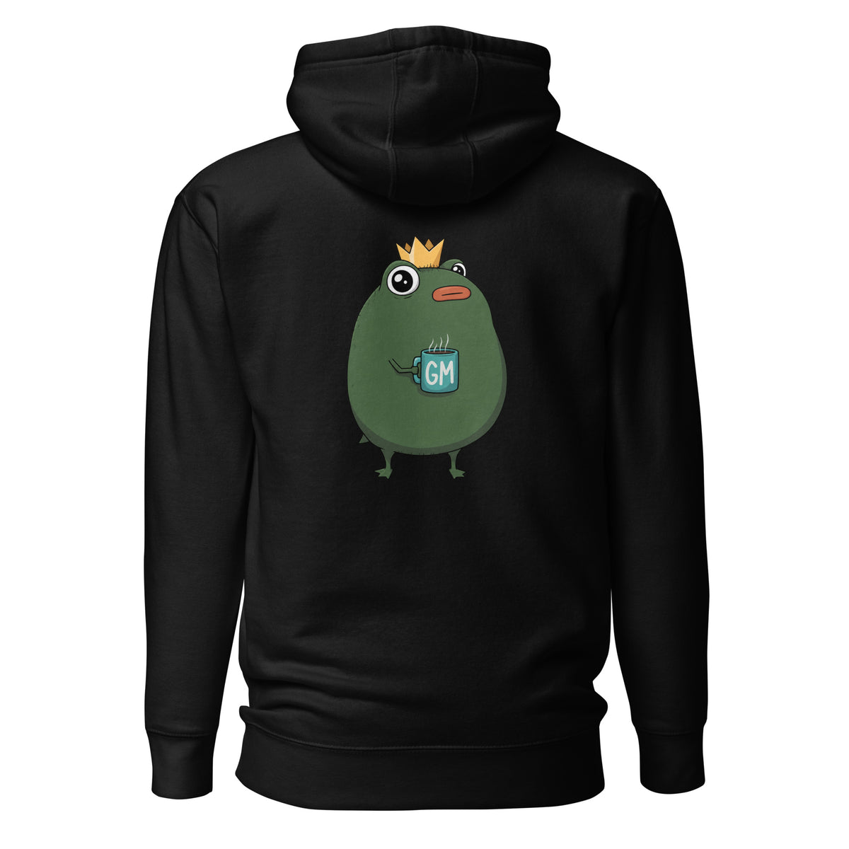 King Pistacio unisex premium hoodie in black — frog with crown holding GM coffee mug, Cotton Heritage M2580
