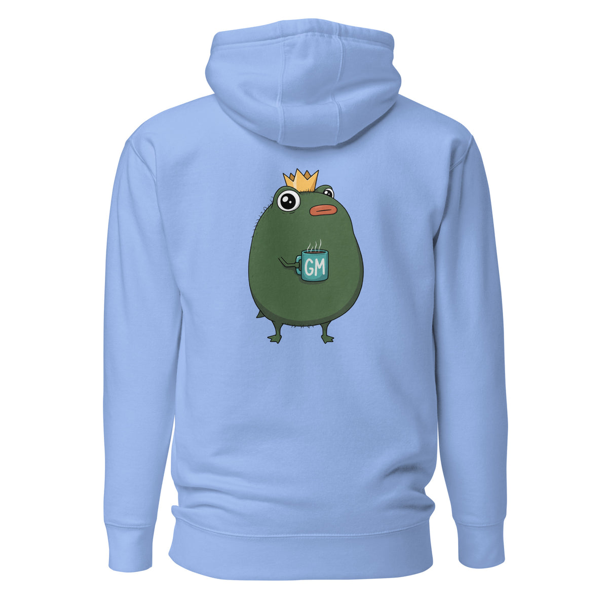 King Pistacio unisex premium hoodie in black — frog with crown holding GM coffee mug, Cotton Heritage M2580
