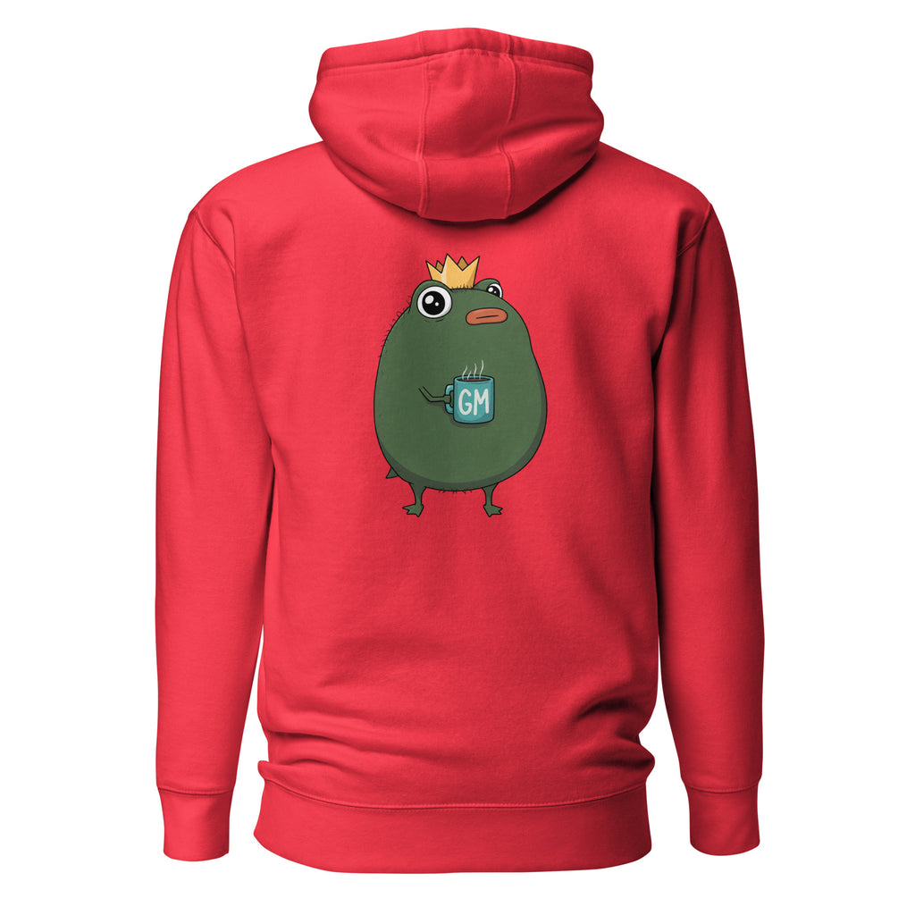 King Pistacio unisex premium hoodie in black — frog with crown holding GM coffee mug, Cotton Heritage M2580