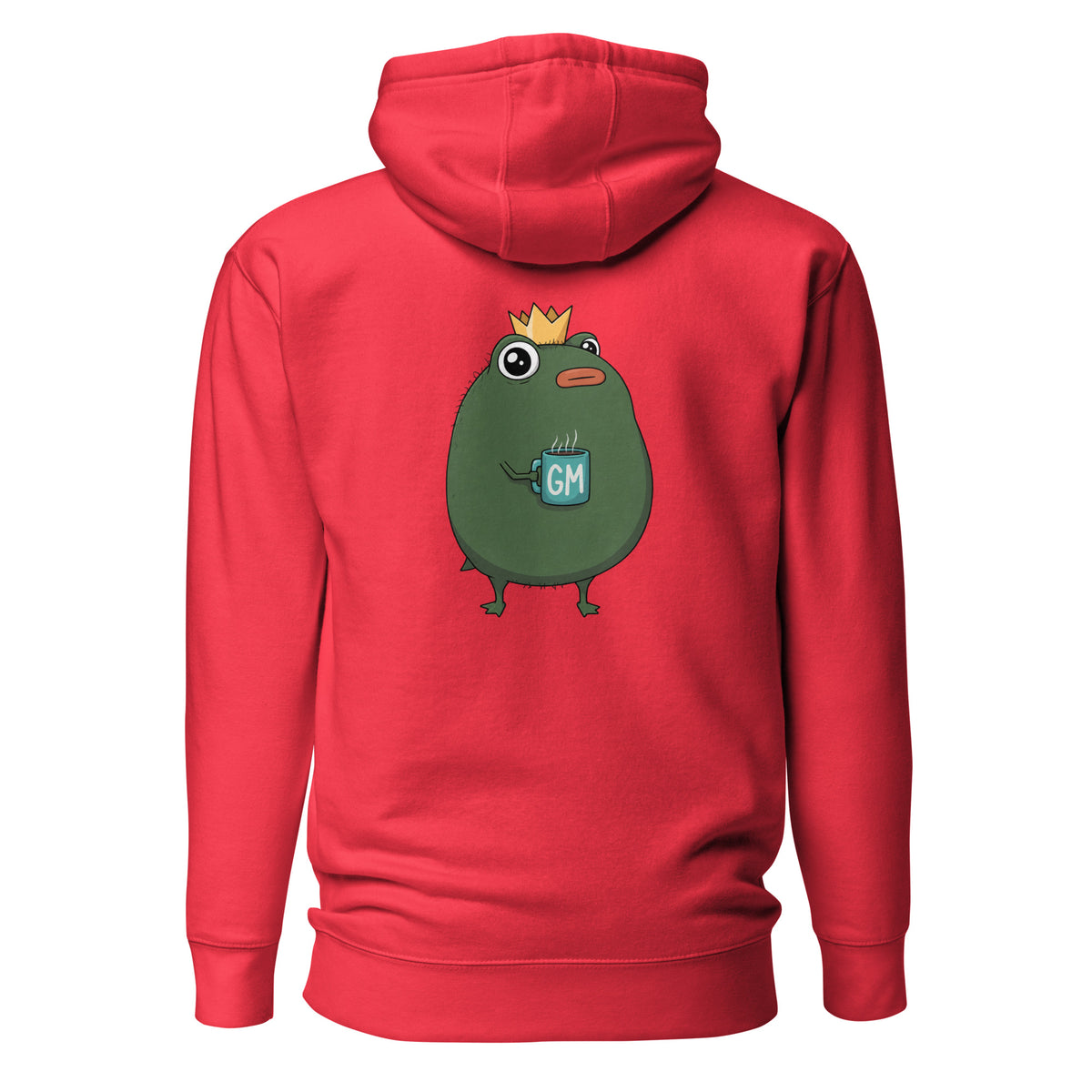 King Pistacio unisex premium hoodie in black — frog with crown holding GM coffee mug, Cotton Heritage M2580