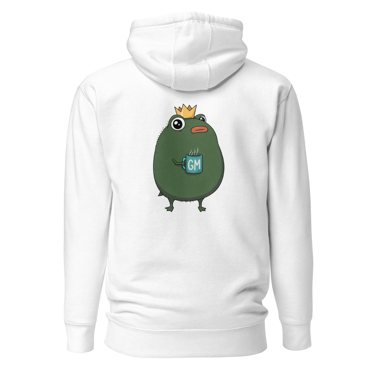 King Pistacio unisex premium hoodie in black — frog with crown holding GM coffee mug, Cotton Heritage M2580