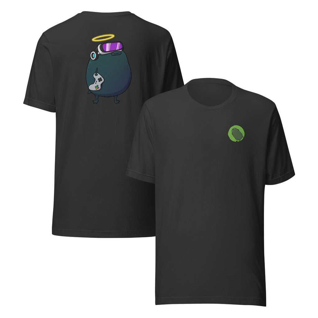 Pistacio said "GG" before the match even started — VR headset strapped on, halo glowing, controller ready. Gamer Pistacio Unisex T-Shirt by Pistacios Pond Merch.