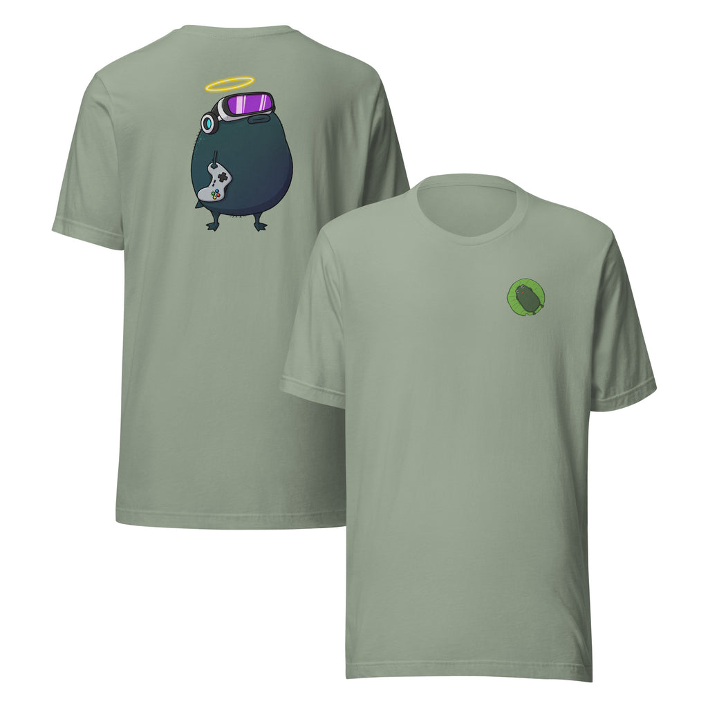 Pistacio said "GG" before the match even started — VR headset strapped on, halo glowing, controller ready. Gamer Pistacio Unisex T-Shirt by Pistacios Pond Merch.