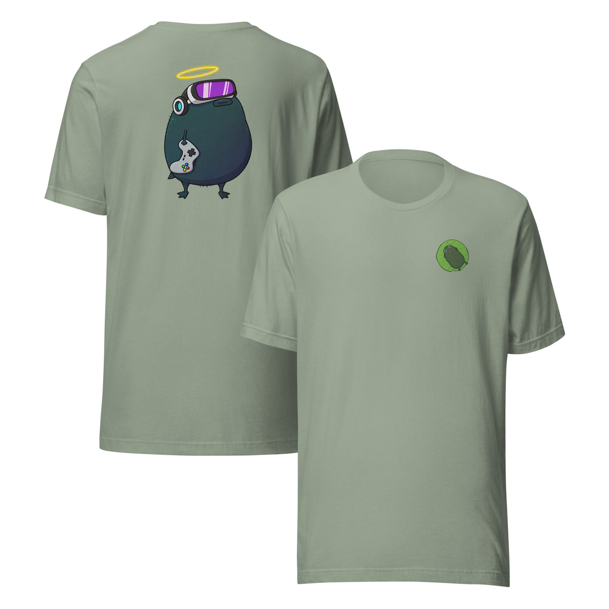 Pistacio said "GG" before the match even started — VR headset strapped on, halo glowing, controller ready. Gamer Pistacio Unisex T-Shirt by Pistacios Pond Merch.