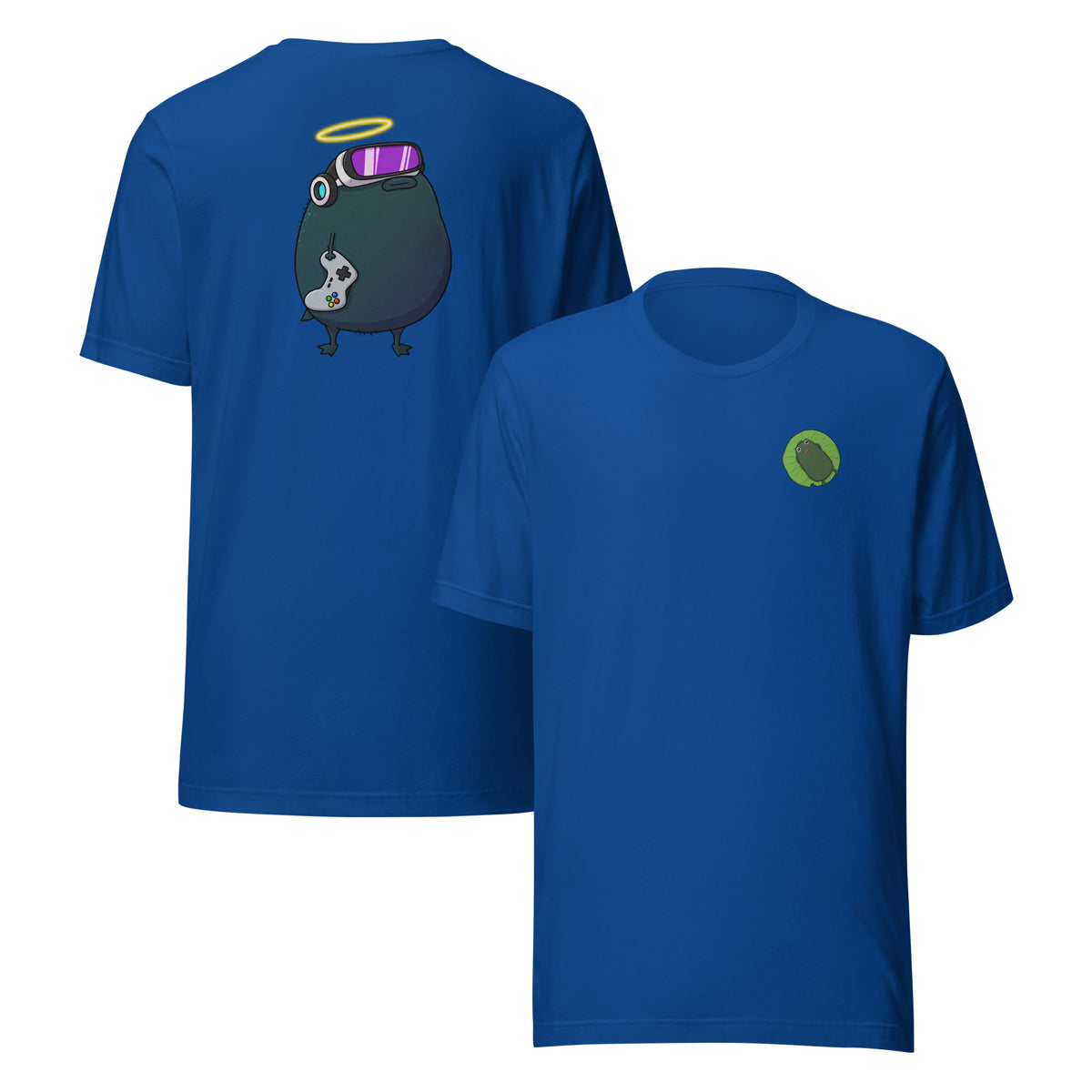 Pistacio said "GG" before the match even started — VR headset strapped on, halo glowing, controller ready. Gamer Pistacio Unisex T-Shirt by Pistacios Pond Merch.