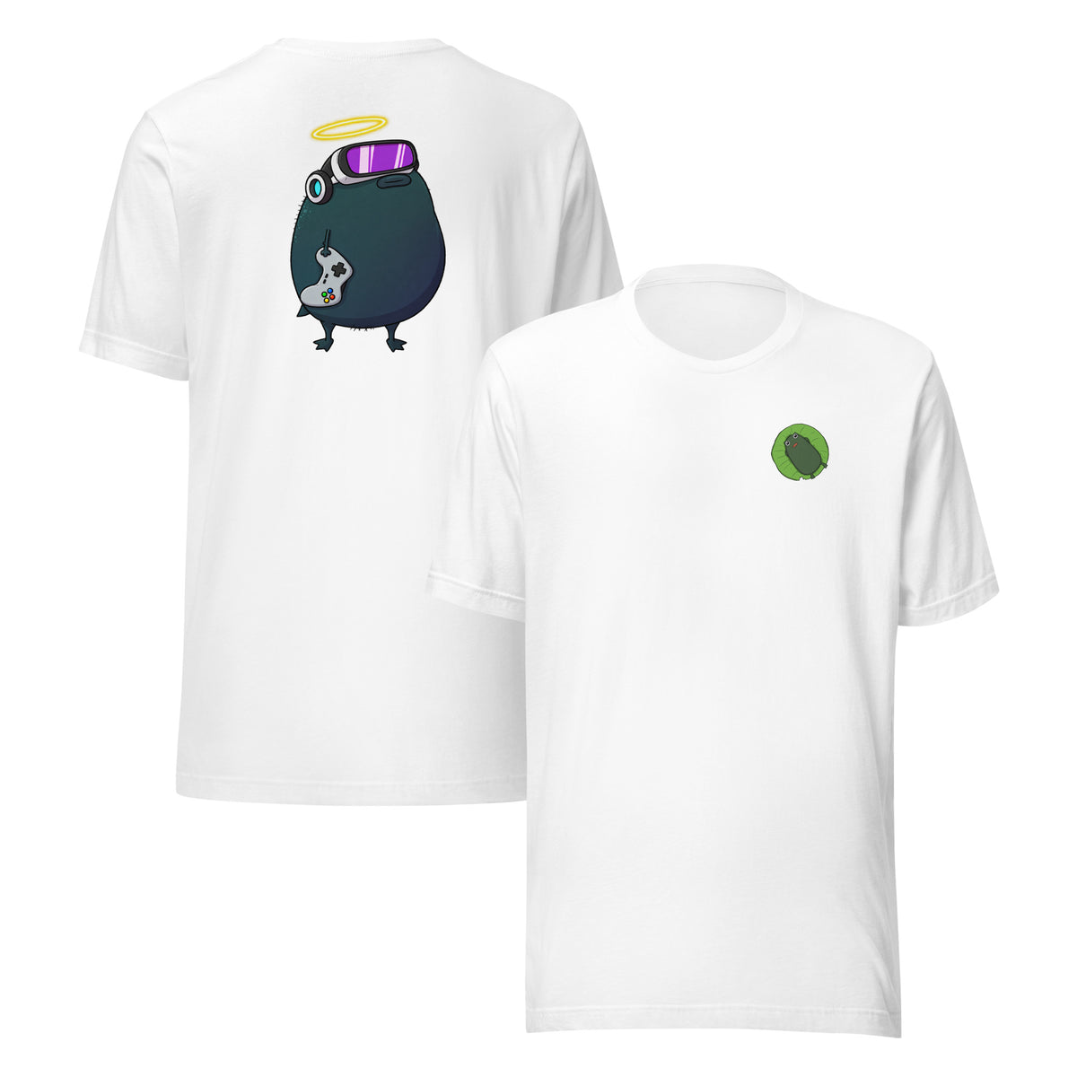Pistacio said "GG" before the match even started — VR headset strapped on, halo glowing, controller ready. Gamer Pistacio Unisex T-Shirt by Pistacios Pond Merch.